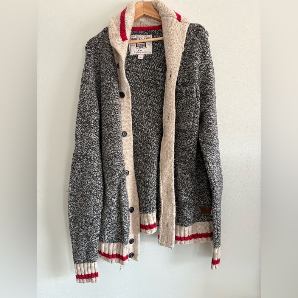 Roots Cabin Gray Cardigan with Red and Cream Accents